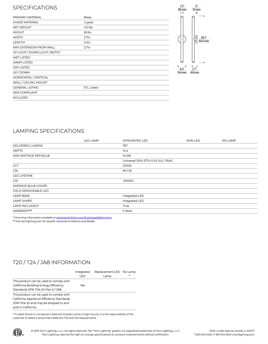 Vertical Ebell 26 LED Wall Light Kwws10727 by Visual & Comfort & Co