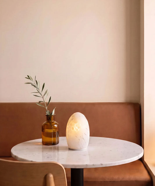 NEOZ Egg Fritted cordless table lamp, styled setting 1 (photo 1)