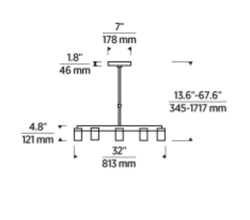 Technical line drawing of Esfera 32 inch LED chandelier with stem lengths, mounting details, and overall measurements