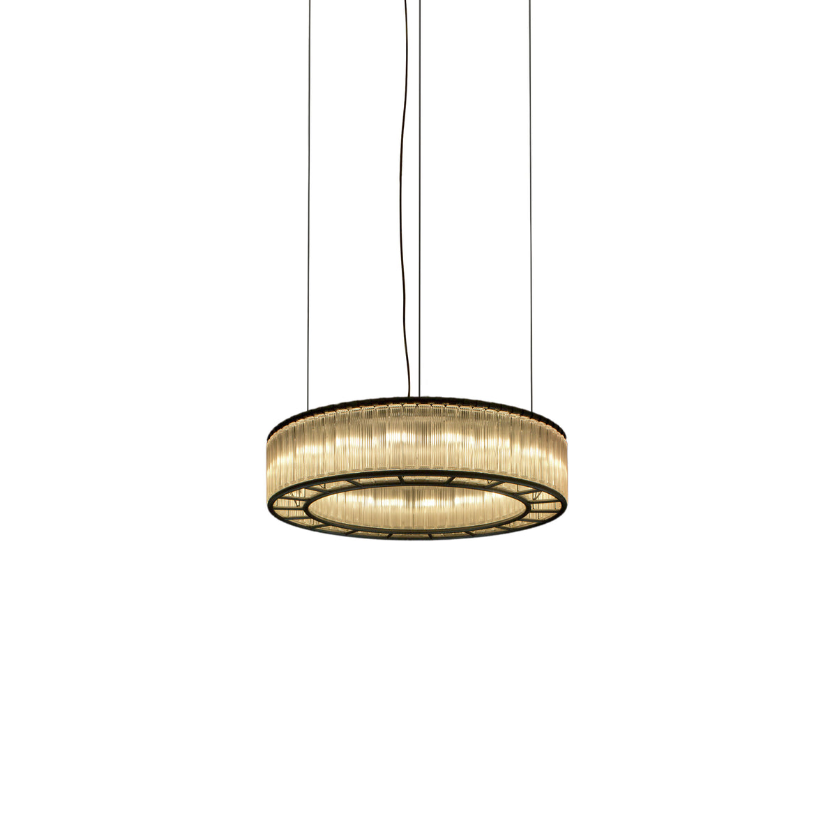 Santa & Cole Estadio 150 chandelier – lit, three-point suspension, white background, image 5