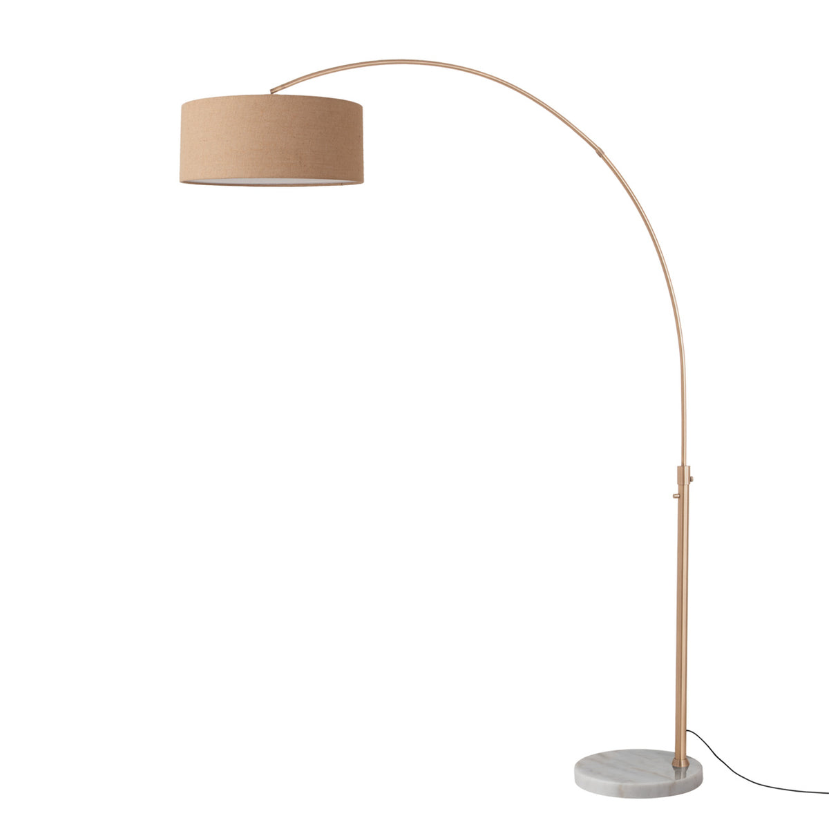 Float 92" Arc Floor Lamp by Nova of California, Burlap shade, Weathered Brass body, White base – view 46