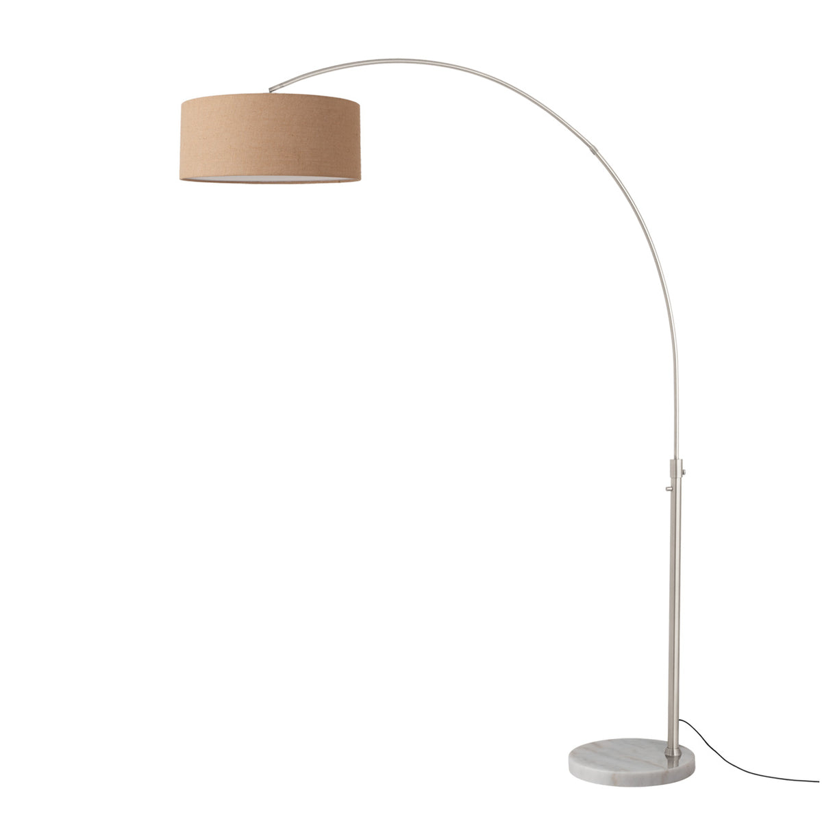 Float 92" Arc Floor Lamp by Nova of California, Burlap shade, Satin Nickel body, White base – view 45