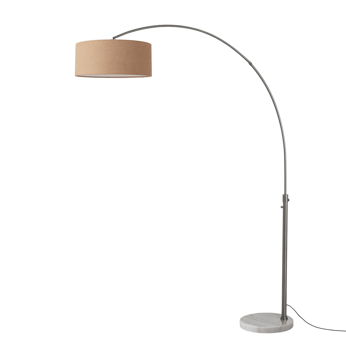 Float 92" Arc Floor Lamp by Nova of California, Burlap shade, Black Nickel body, White base – view 5