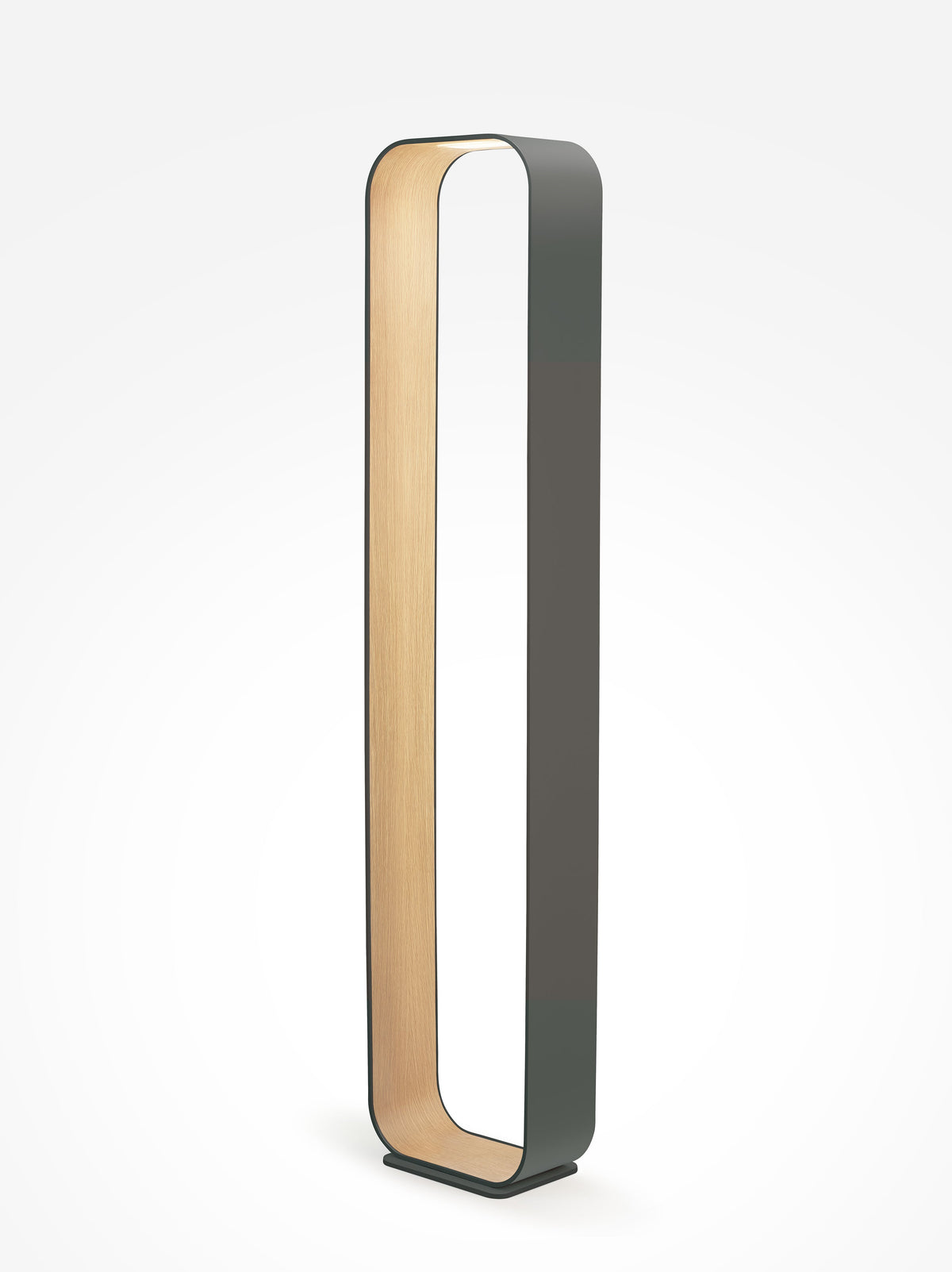 Contour floor lamp with graphite frame and white oak interior, studio view