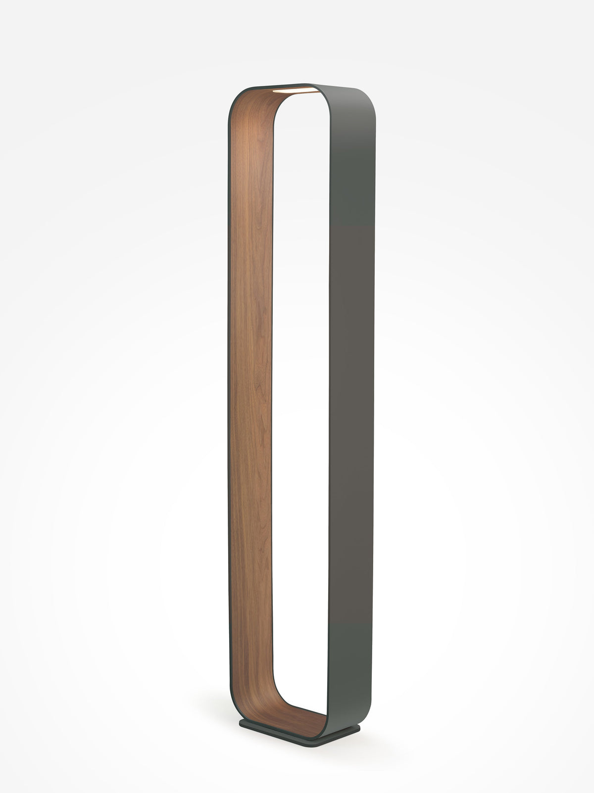 Contour floor lamp with graphite frame and walnut interior, studio view