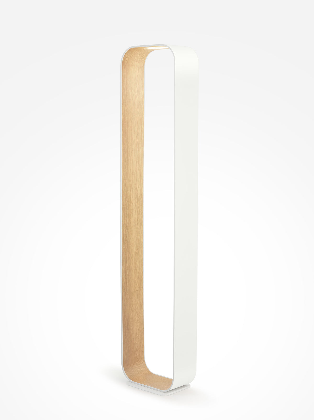 Contour floor lamp with white frame and white oak interior, studio view