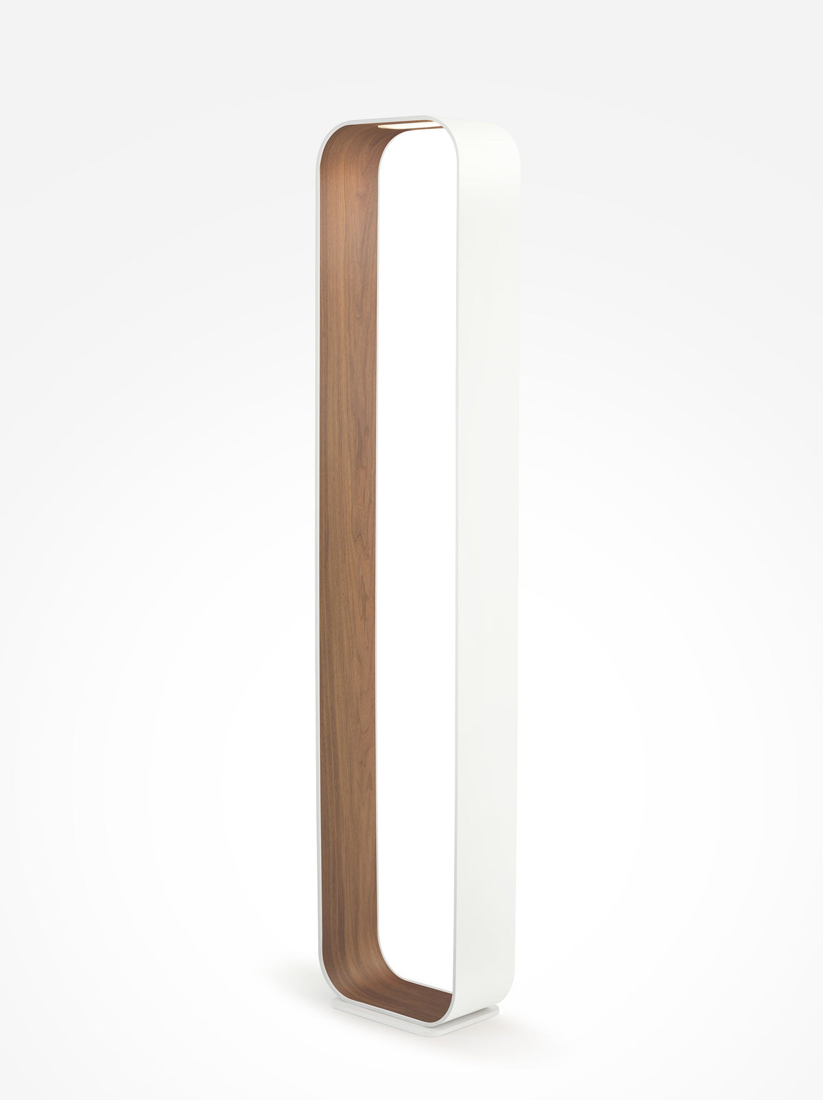 Contour floor lamp with white frame and walnut interior, studio view