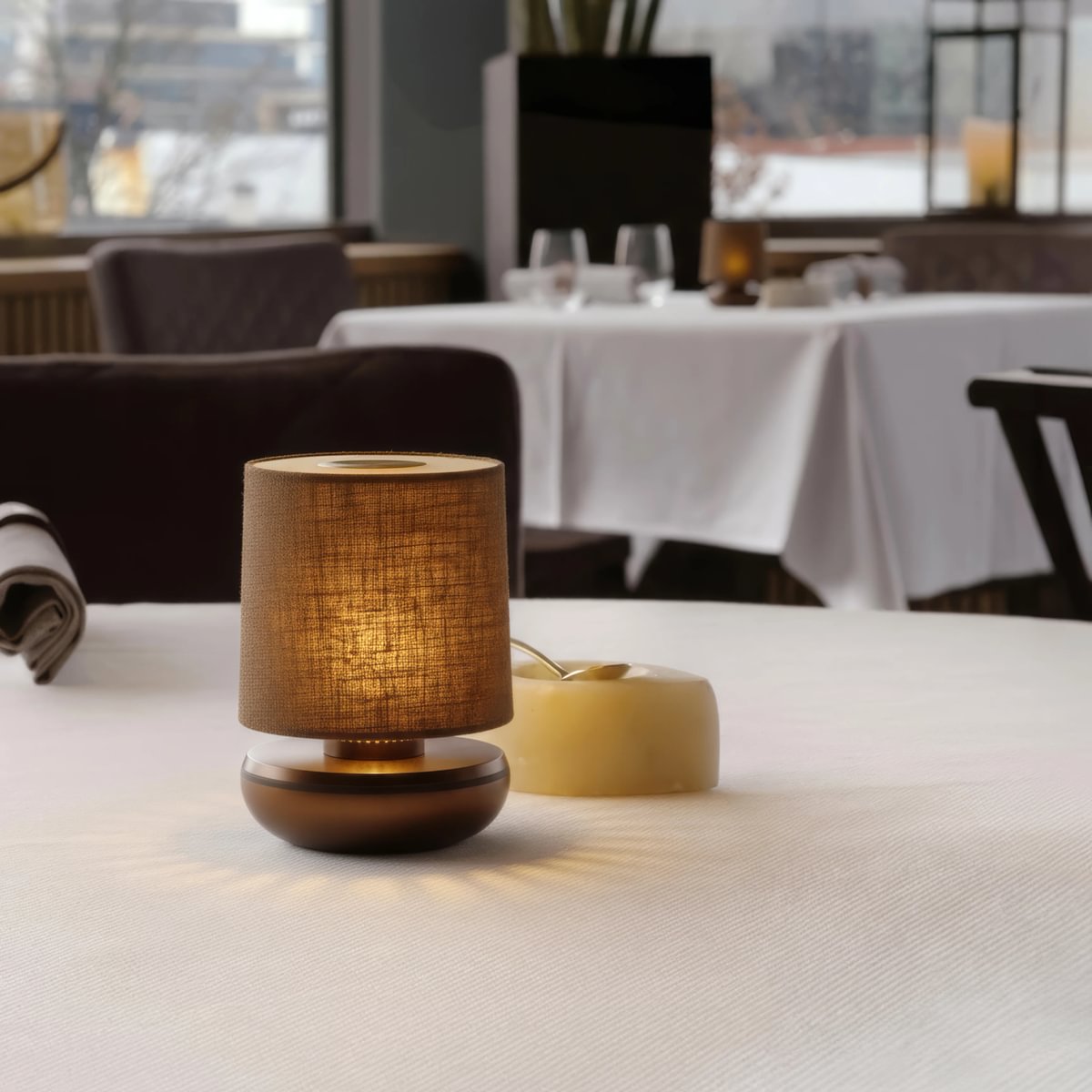 Humble Firefly Cordless Table Lamp by Humble, Bronze with Brown Linen Shade (image 9)
