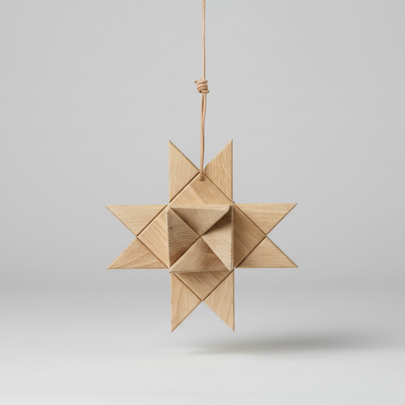 Boyhood Fröbel Star, Hanging wooden star in oak, view 1 (image 2)
