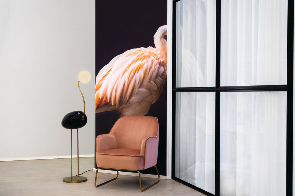 Fred brass and marble floor lamp by Viso in a lifestyle setting, view 1