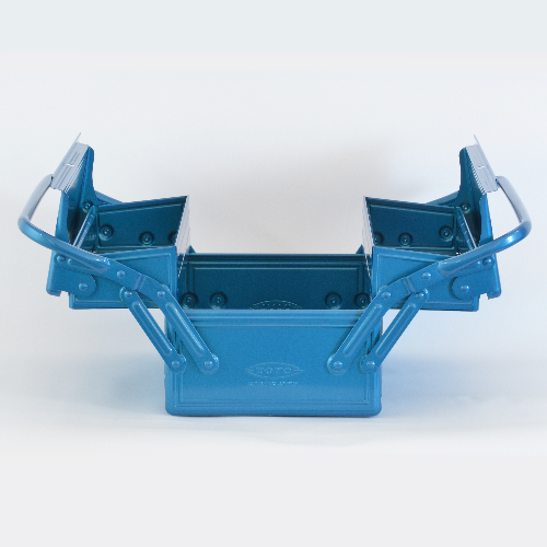 Toyo Steel GL-350 Three-Level Cantilever Toolbox, Blue – fully open from above