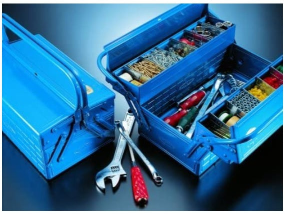 Toyo Steel GL-350 Three-Level Cantilever Toolbox, Blue – open and filled with hand tools