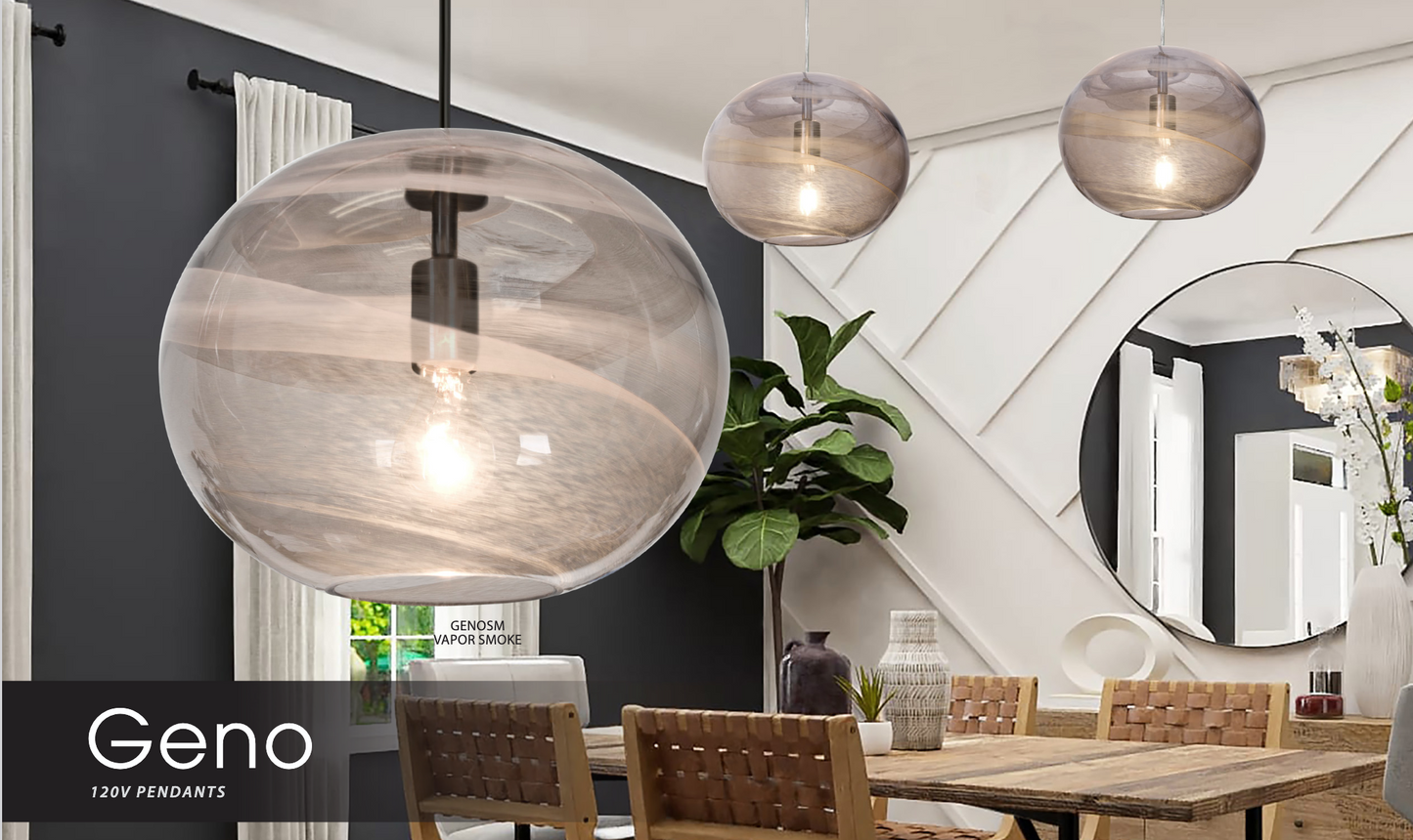 Geno glass pendant light displayed in a kitchen and dining room setting