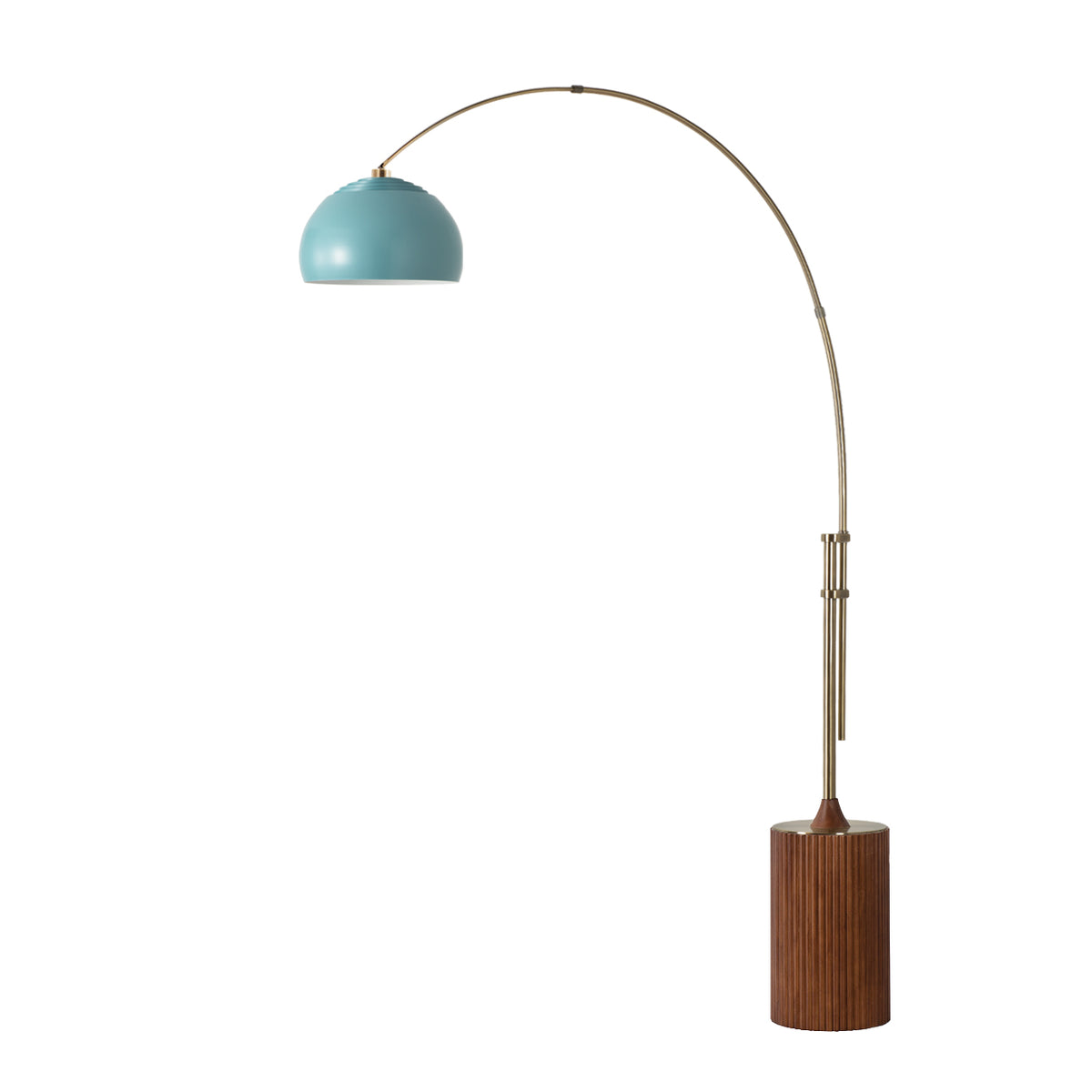 Tambo Half Dome Adjustable Arc Lamp by Nova of California, Turquoise shade, Weathered Brass body, Dark Walnut base – view 16