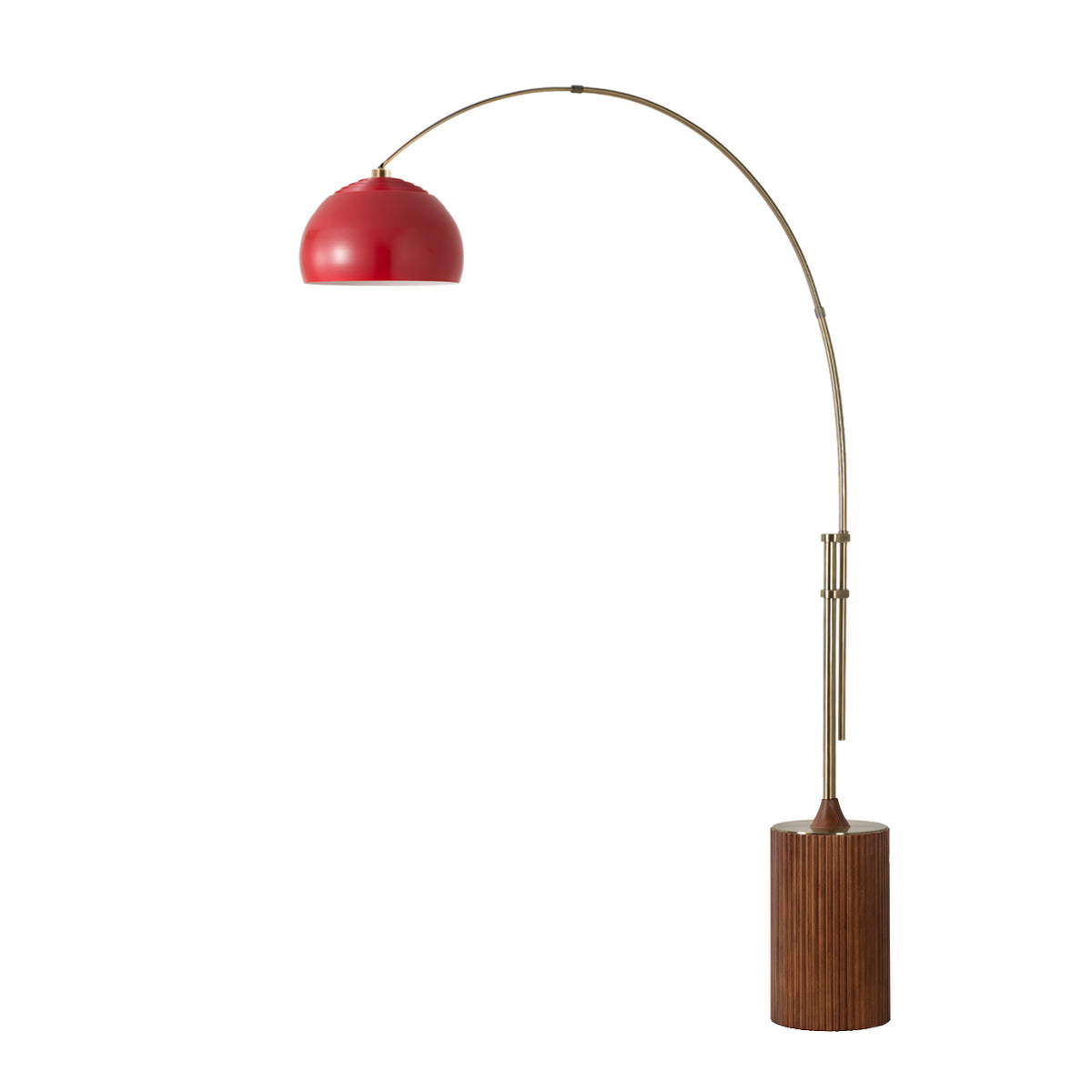 Tambo Half Dome Adjustable Arc Lamp by Nova of California, Crimson Red shade, Weathered Brass body, Dark Walnut base – view 14