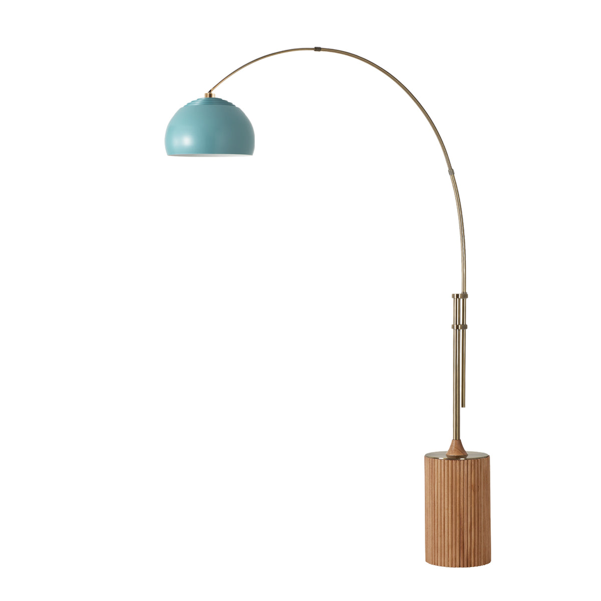 Tambo Half Dome Adjustable Arc Lamp by Nova of California, Turquoise shade, Weathered Brass body, Light Wood base – view 18