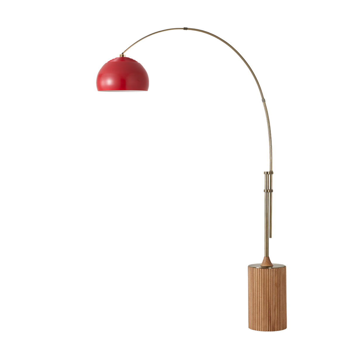Tambo Half Dome Adjustable Arc Lamp by Nova of California, Crimson Red shade, Weathered Brass body, Light Wood base – view 13
