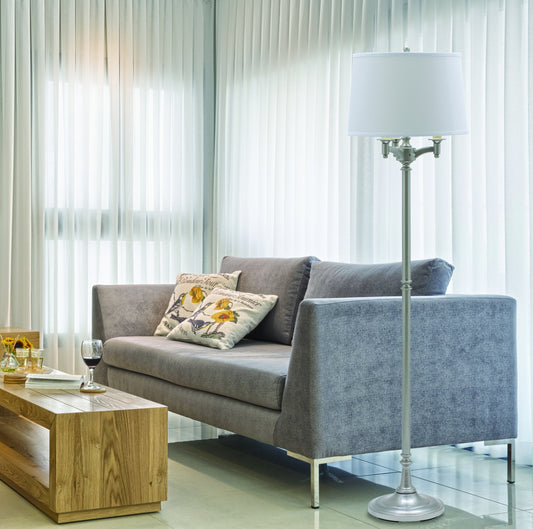House of Troy Lancaster 62.75" Six-Way Floor Lamp in Satin Nickel in a room setting