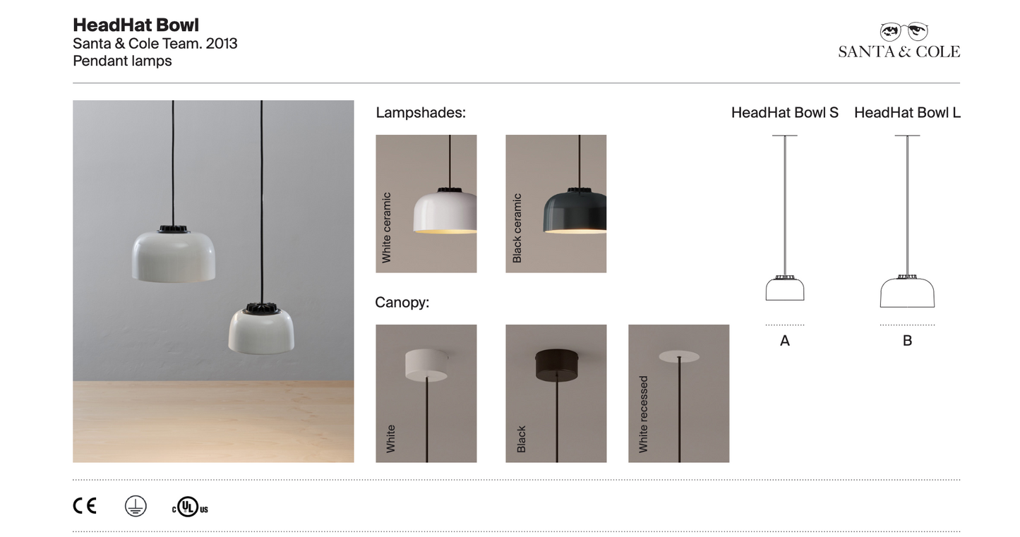 HeadHat Bowl pendant by Santa & Cole showing available canopy finishes and lampshade color options