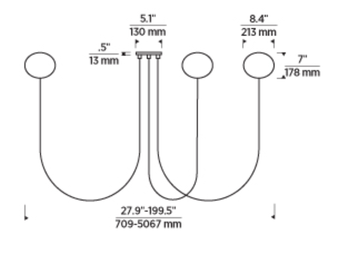 Helium 3-Light chandelier by Peter Bristol installed in a contemporary dining room interior line drawing