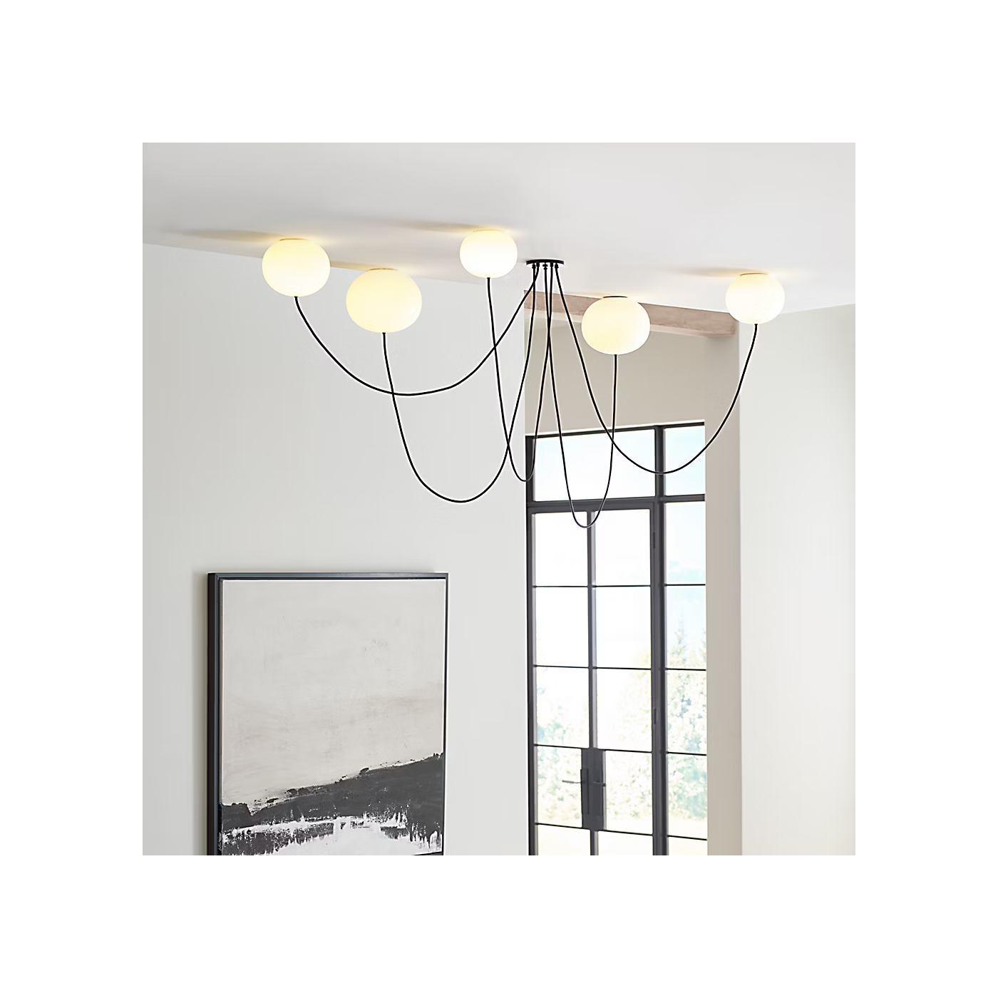 Helium 5 light matte black chandelier for modern hospitality interiors