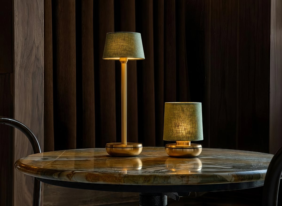 Humble Firefly Cordless Table Lamp by Humble, Gold with Emerald Linen Shade (image 12)