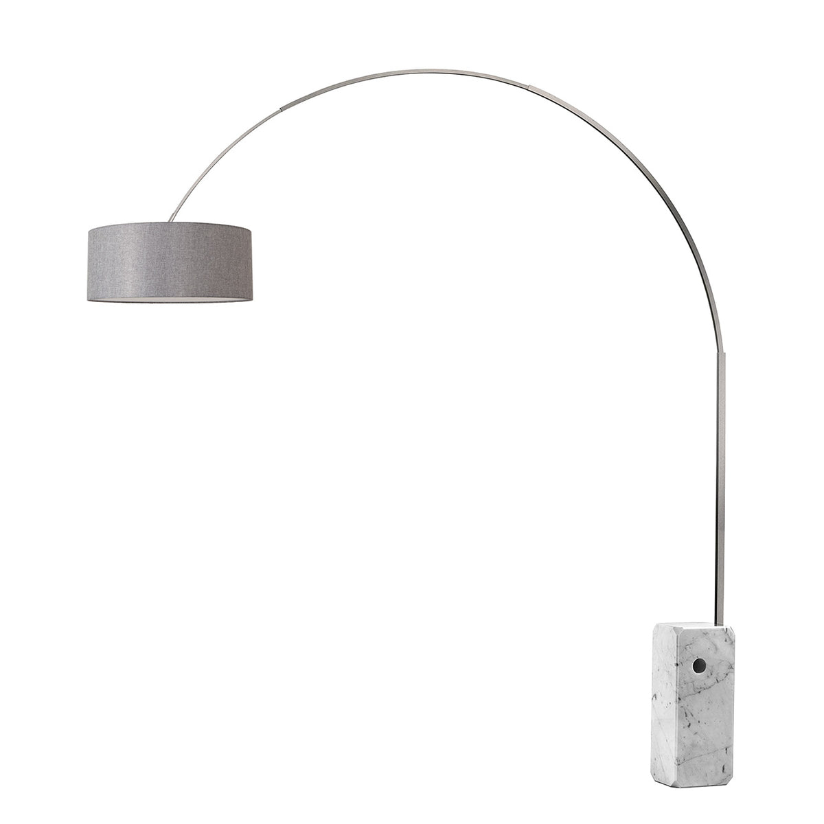 Iconic 92" Arc Lamp by Nova of California, Cashmere Gray shade, Satin Nickel body, White base – view 24