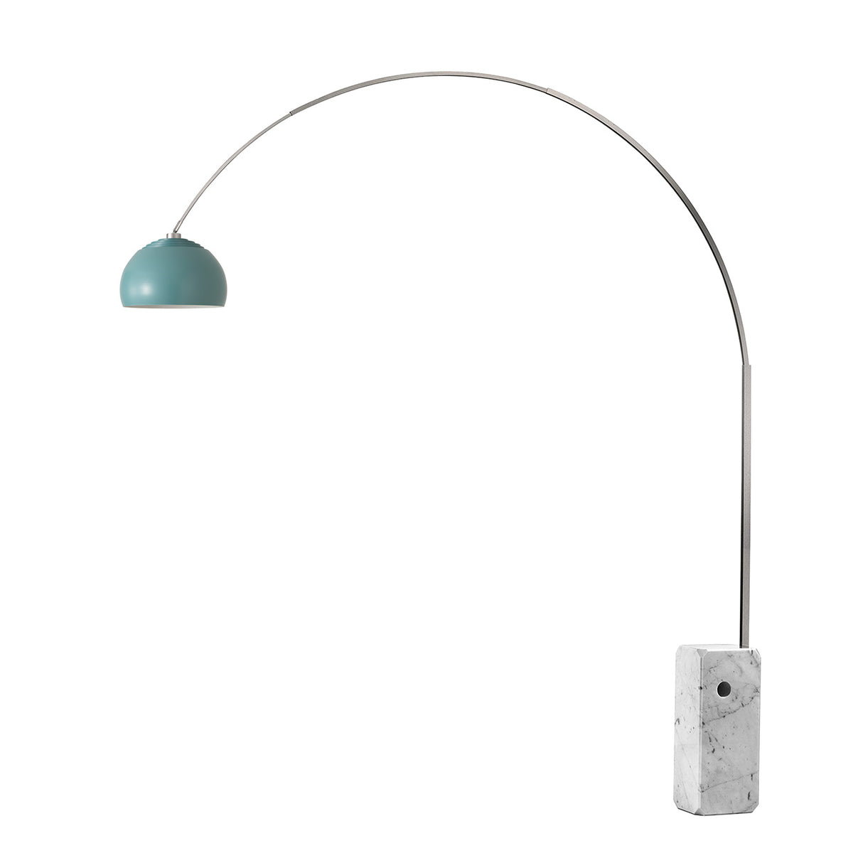 Iconic 92"H 1-Light Arc Lamp by Nova of California, Turquoise shade, Satin Nickel body, White base – view 23