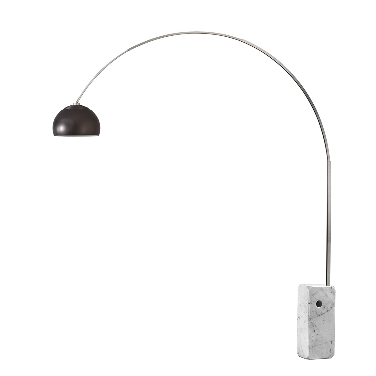 Iconic 92"H 1-Light Arc Lamp by Nova of California, Black Nickel shade, Satin Nickel body, White base – view 19