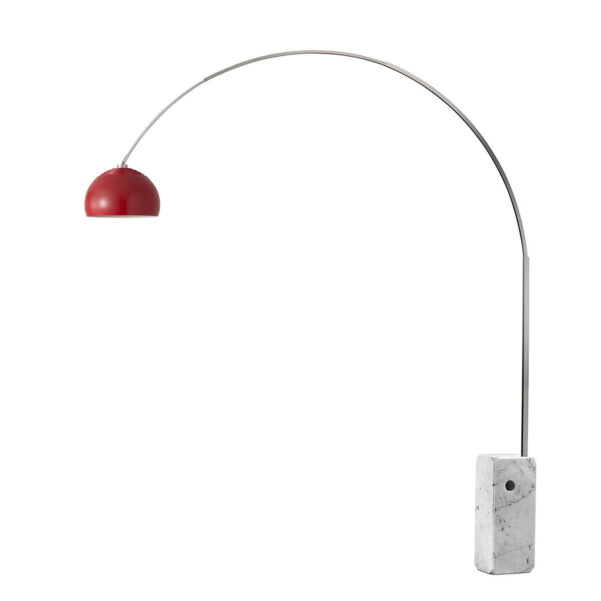 Iconic 92"H 1-Light Arc Lamp by Nova of California, Crimson Red shade, Satin Nickel body, White base – view 22
