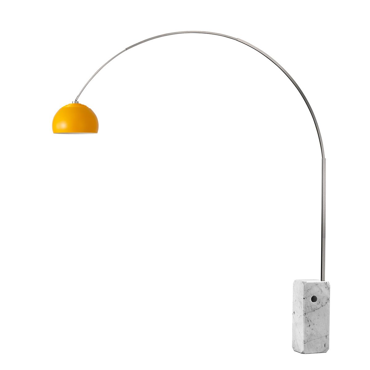 Iconic 92"H 1-Light Arc Lamp by Nova of California, Mustard shade, Satin Nickel body, White base – view 16