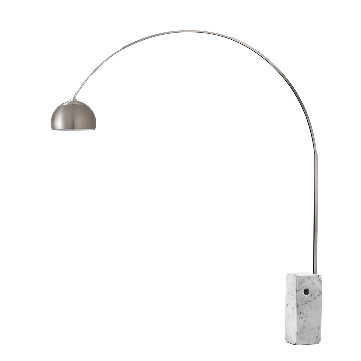 Iconic 92"H 1-Light Arc Lamp by Nova of California, Satin Nickel shade, Satin Nickel body, White base – view 24