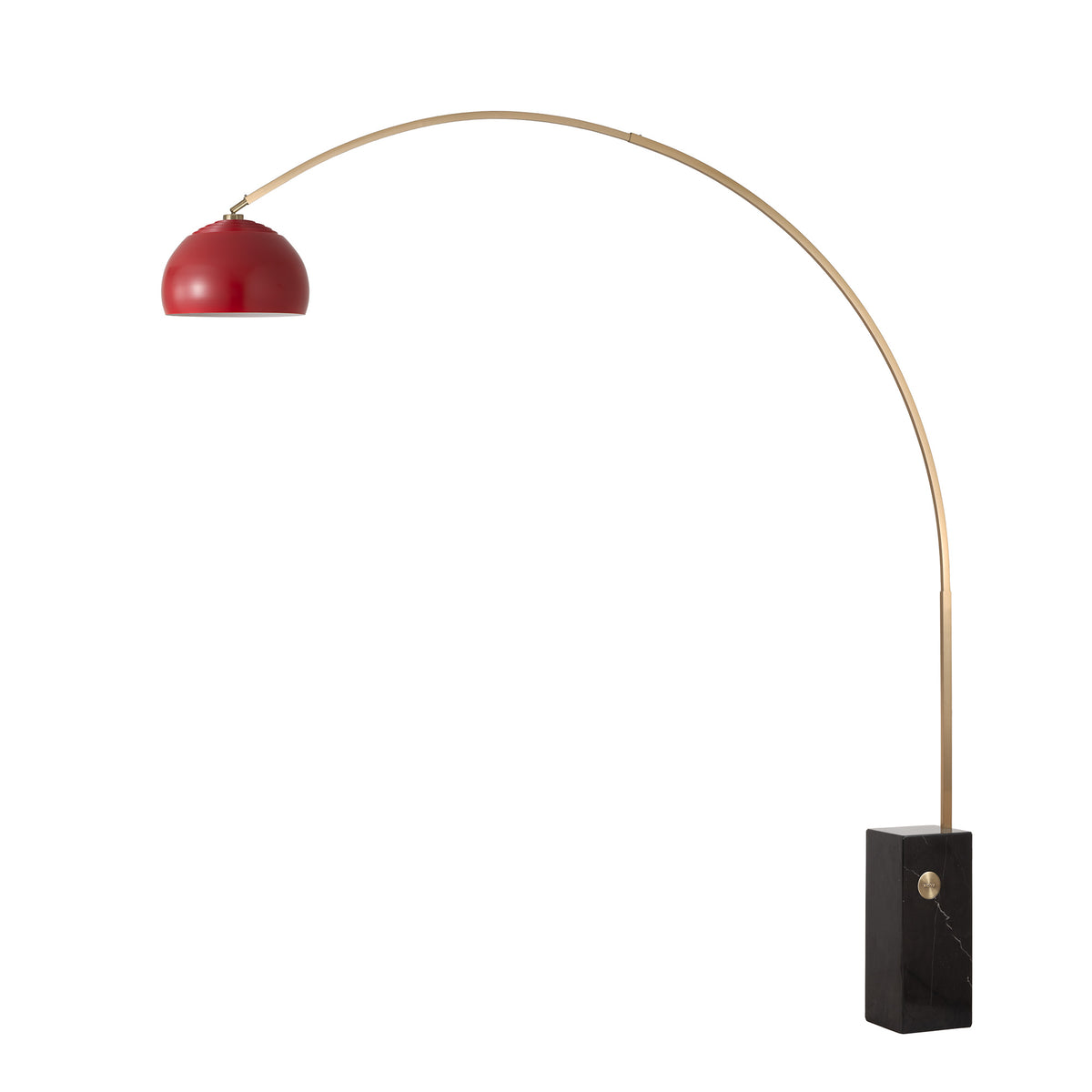 Iconic 92"H 1-Light Arc Lamp by Nova of California, Crimson Red shade, Weathered Brass body, Black base – view 10