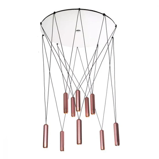 Minimalist LED ceiling light with 10 copper pendants arranged on round canopy