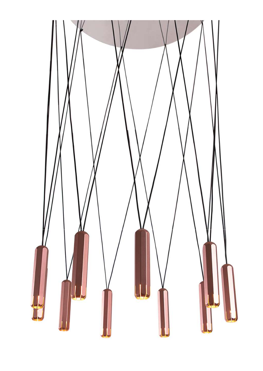 Custom cable geometry pendant lighting fixture in copper by Innermost