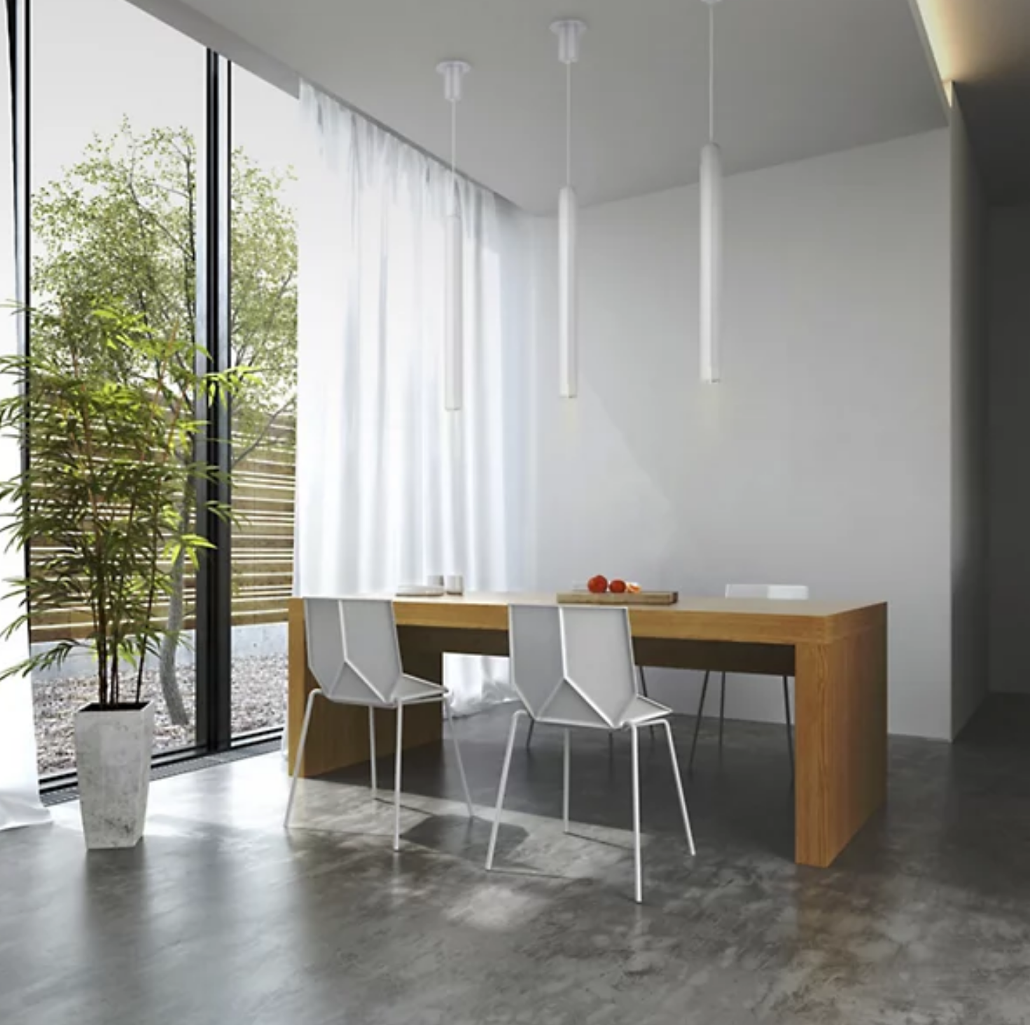 Innermost Brixton large whiter spot pendant, creating ambient lighting in a contemporary hotel reception area, engineered aesthetic.