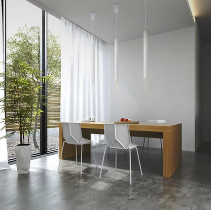 Innermost Brixton large whiter spot pendant, creating ambient lighting in a contemporary hotel reception area, engineered aesthetic.