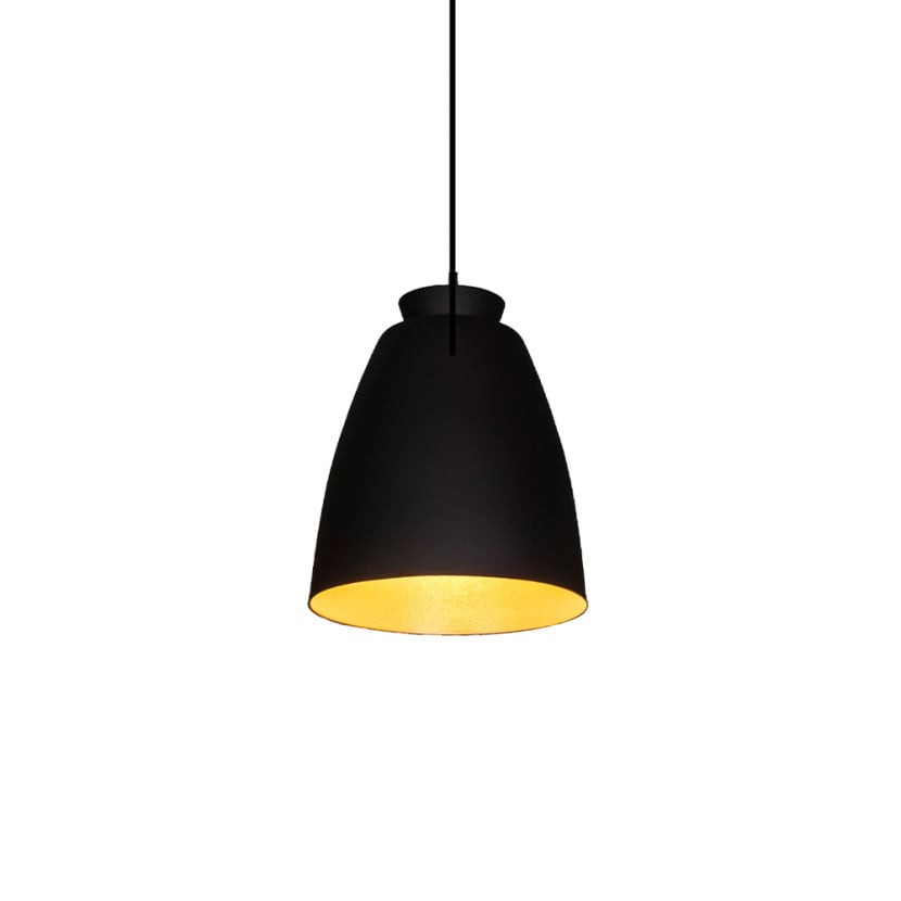 Designer Black/Gold Chelsea pendant lighting fixture hanging in a contemporary hotel lobby