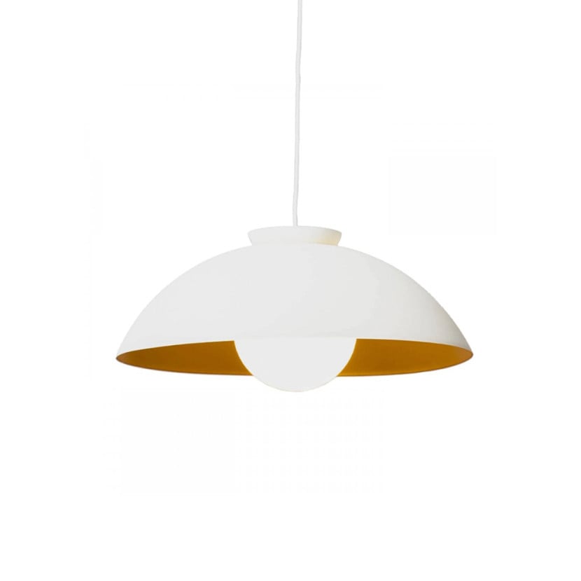 White matte Chelsea Pendant Light by Innermost casting soft ambient glow over bedroom nightstand