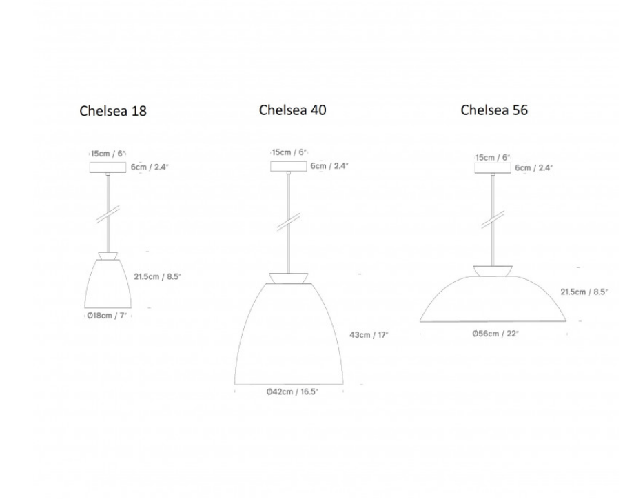 Technical drawings of three lamp models labeled 'Chelsea 18', 'Chelsea 40', and 'Chelsea 56' with measurements.