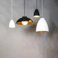 Four pendant lights with different colored shades hanging against a gray background