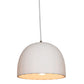 Adjustable hanging Doric 28 LED pendant light with a solid solid white finish over a dining table.
