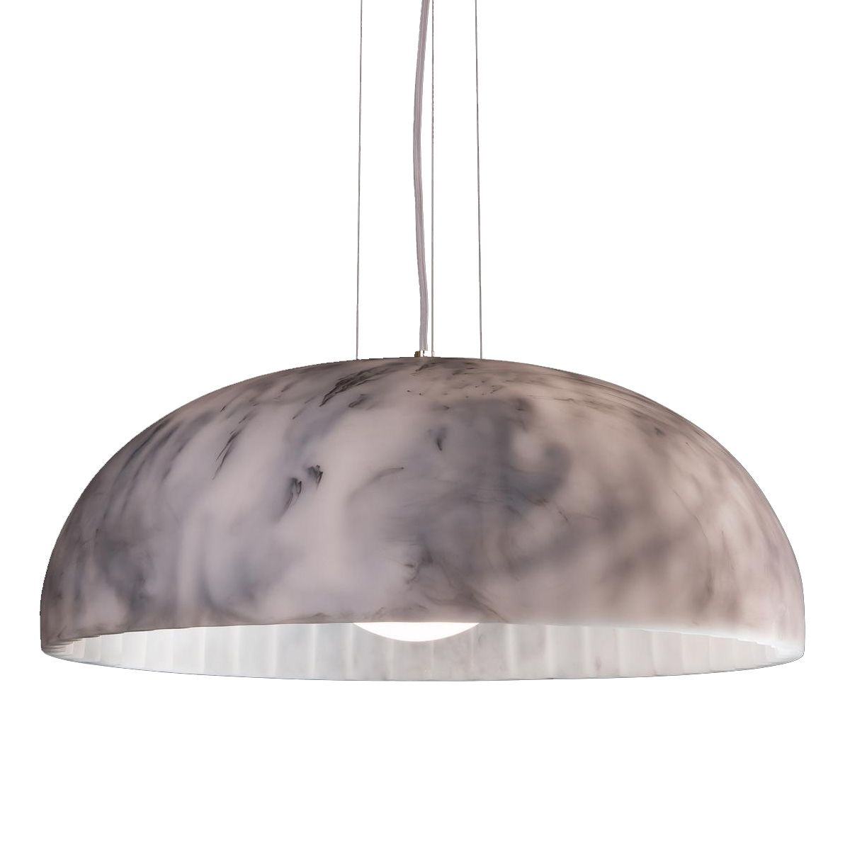 White marble Doric 60 LED light fixture with adjustable hanging length, ideal for high ceilings in a hotel lobby.