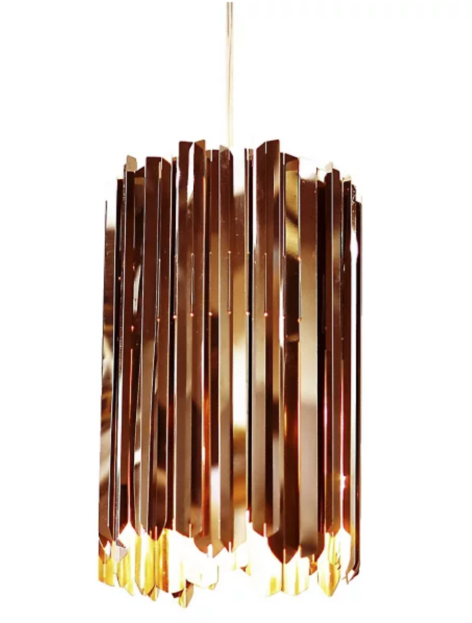 Stainless steel bronze Facet 18 mini pendant by Innermost hanging in a minimalist home office, providing diffused ambient lighting.