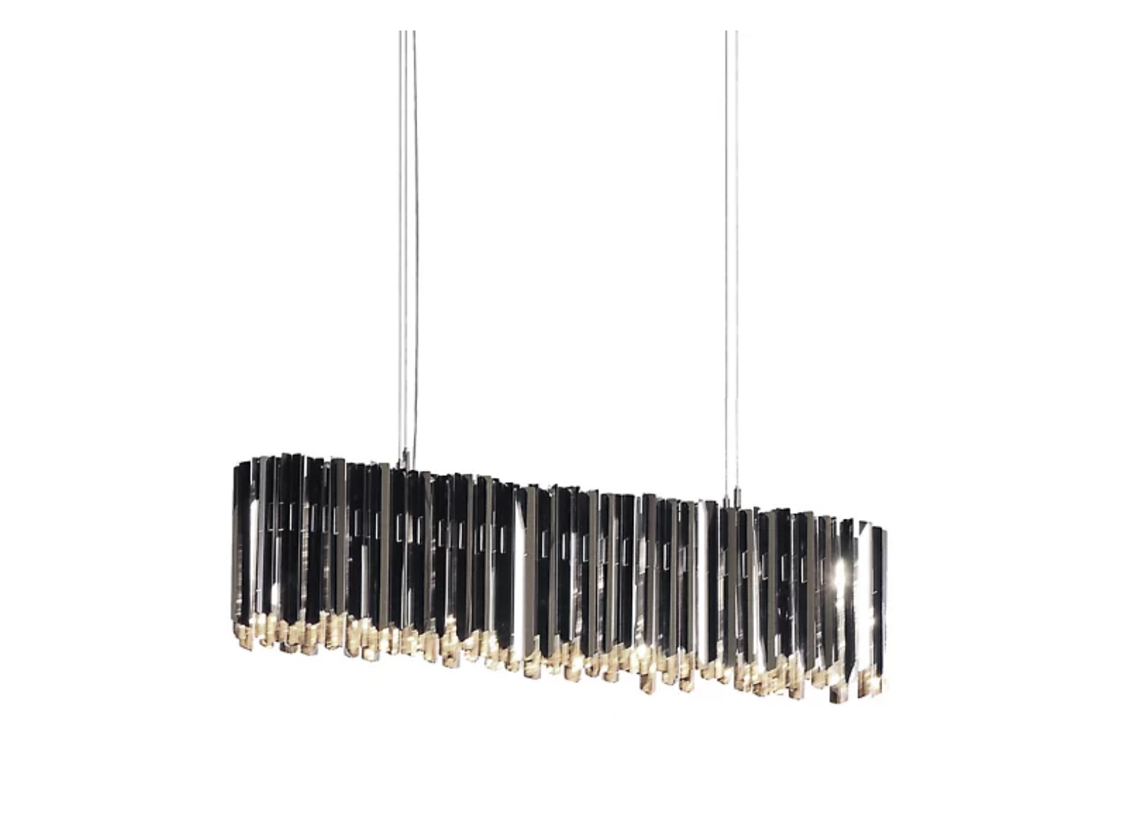 Innermost Facet polished stainless steel chandelier reflecting room light.