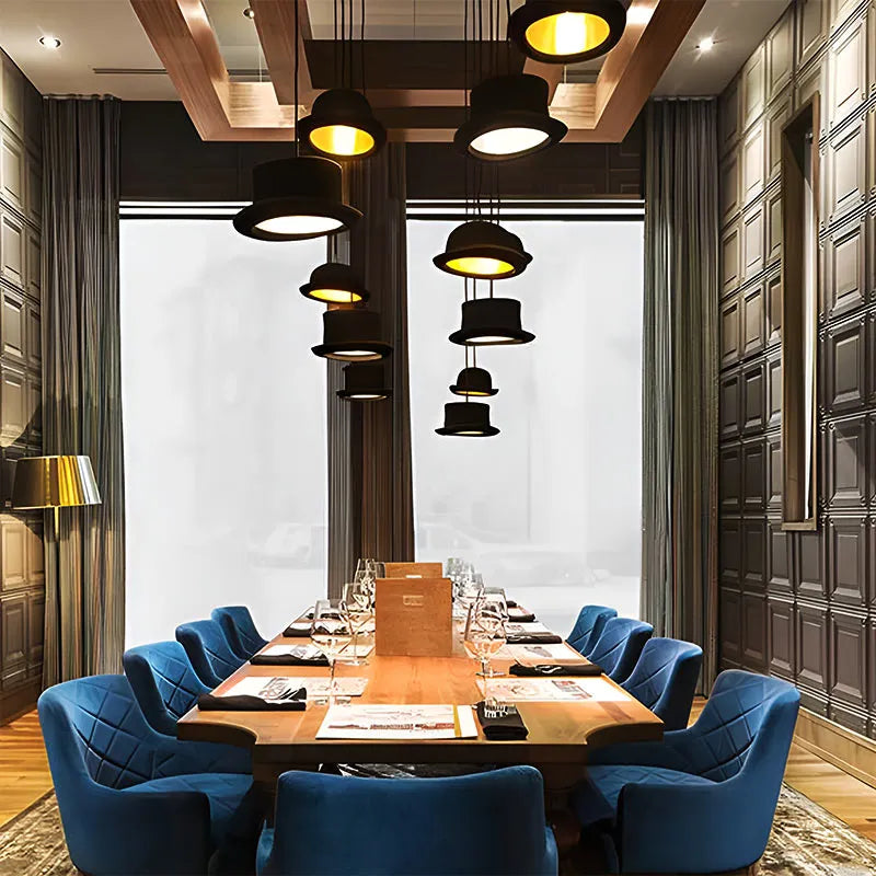 British bowler hat pendant light for modern interiors – Jeeves by Innermost installed in a fine dining restaurnat