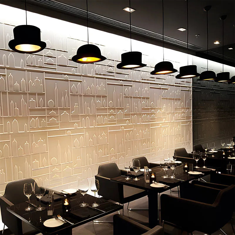 LED wool felt ceiling light fixture shaped like a bowler hat