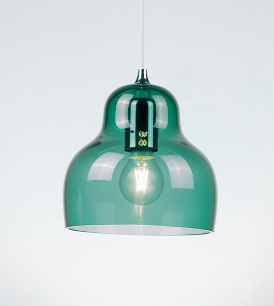 Modern blue pendant light with hand-crafted glass shade and IP20 indoor rating