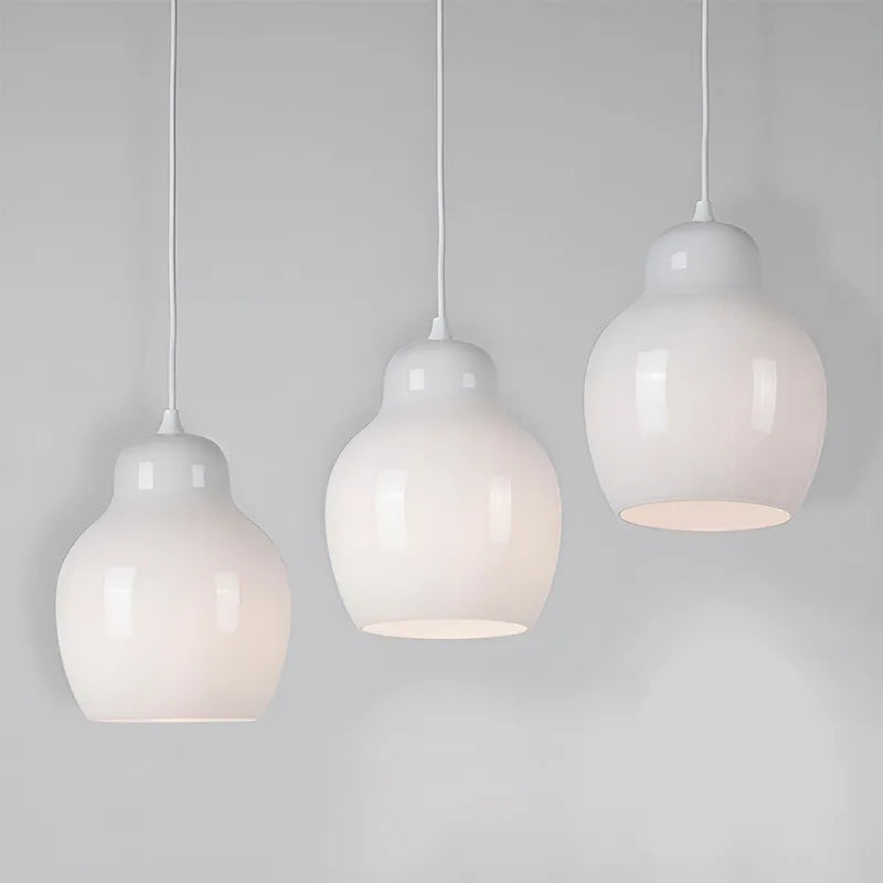 Stylish hanging light with white canopy and 24cm tall opal glass shade