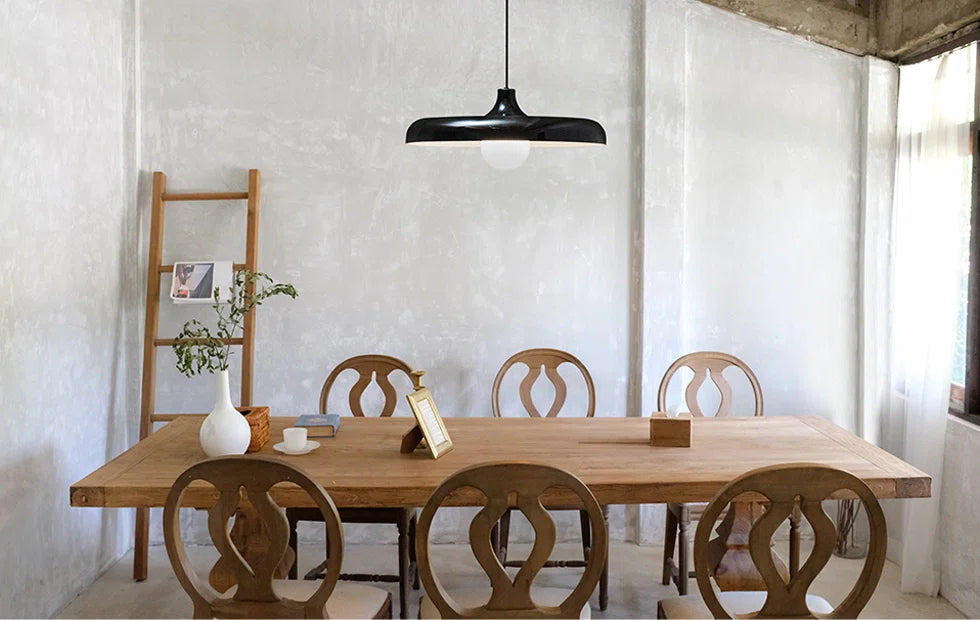 Modern industrial aluminum dome pendant light in matte black for dining area and kitchen island lighting